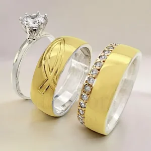 Set de anillo de compromiso y argollas de matrimonio en oro