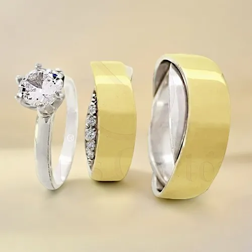Set de argollas de matrimonio y anillo de compromiso clásicos